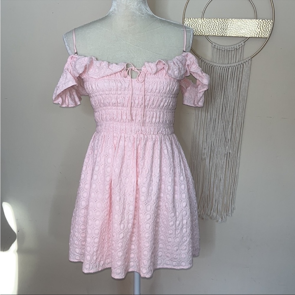 majorelle • eyelet smocked off shoulder mini dress